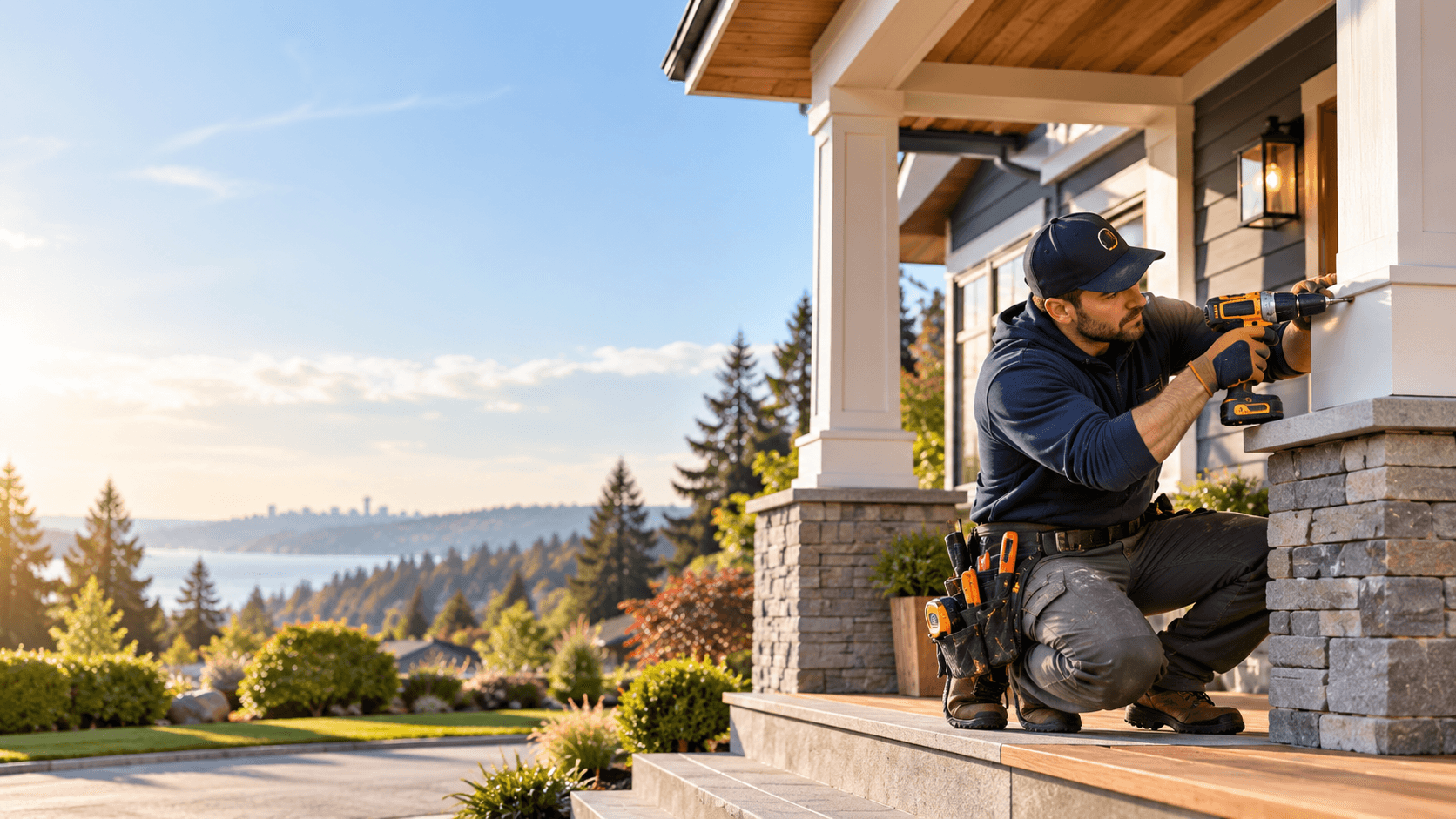 Worker using a drill on a residential porch